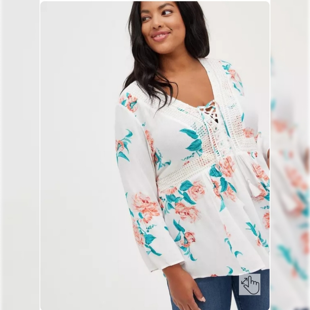 Torrid Baybydoll Gauze Crochet Trim Lace Up Top Sz 3X White Floral Feminine